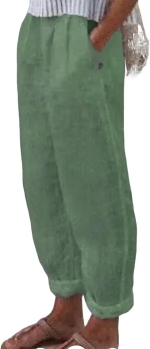 Women Linen Pants Summer Casual Long Pants with Pocket Cropped Comfy Baggy High Waisted Straight Leg Jogger Trousers
