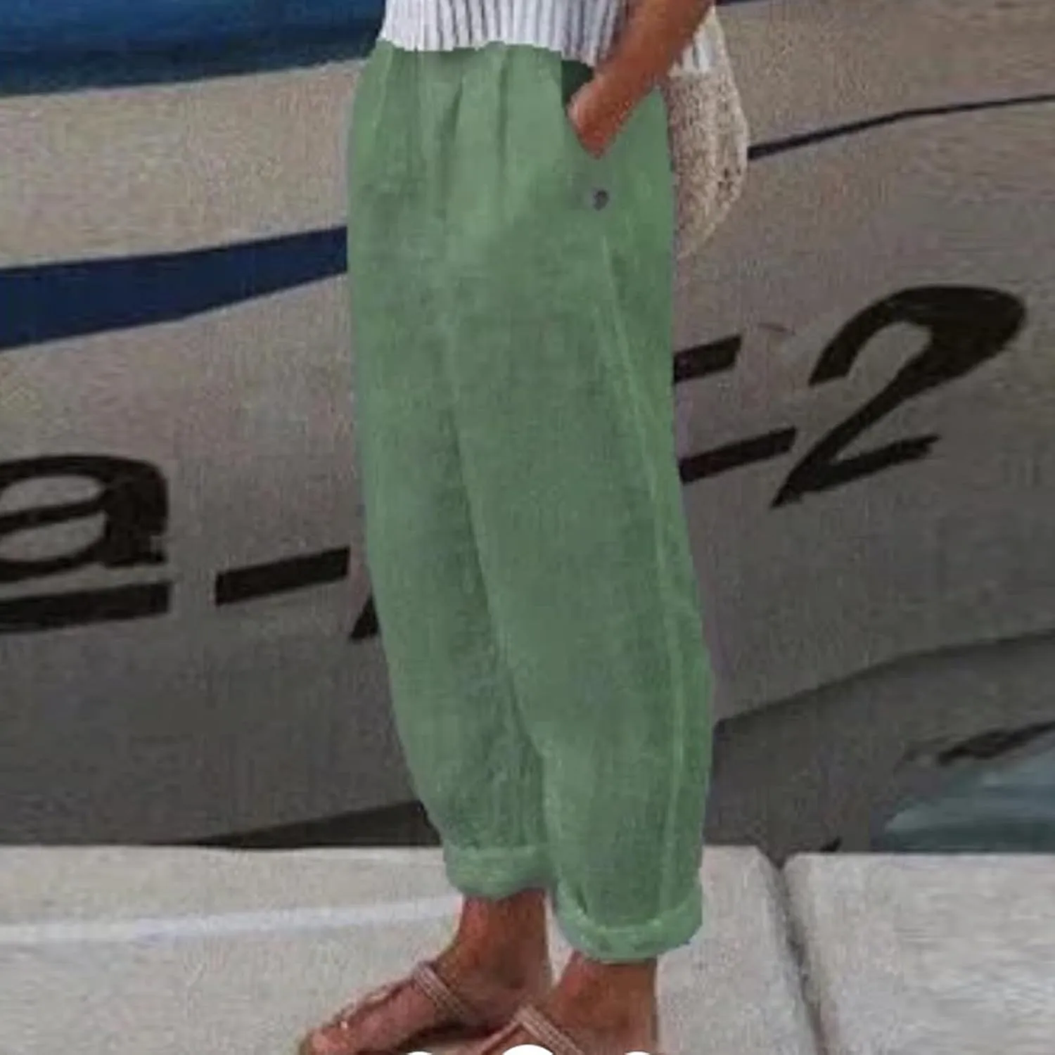 Women Linen Pants Summer Casual Long Pants with Pocket Cropped Comfy Baggy High Waisted Straight Leg Jogger Trousers
