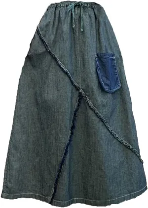 Women Loose Casual Denim Midi Skirt Vintage Lace-Up A-Line Skirts Elastic Waist