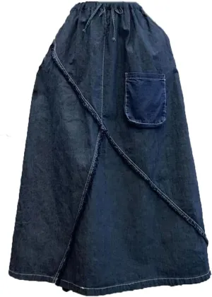 Women Loose Casual Denim Midi Skirt Vintage Lace-Up A-Line Skirts Elastic Waist