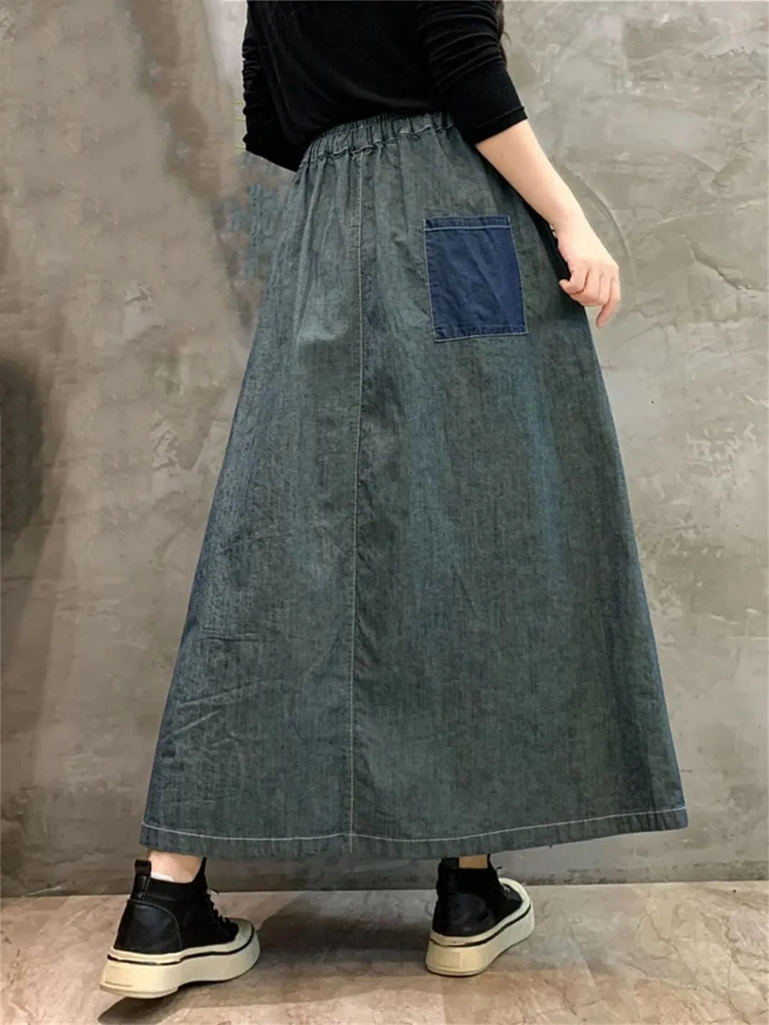 Women Loose Casual Denim Midi Skirt Vintage Lace-Up A-Line Skirts Elastic Waist
