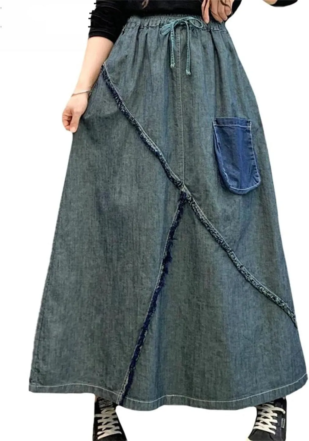 Women Loose Casual Denim Midi Skirt Vintage Lace-Up A-Line Skirts Elastic Waist