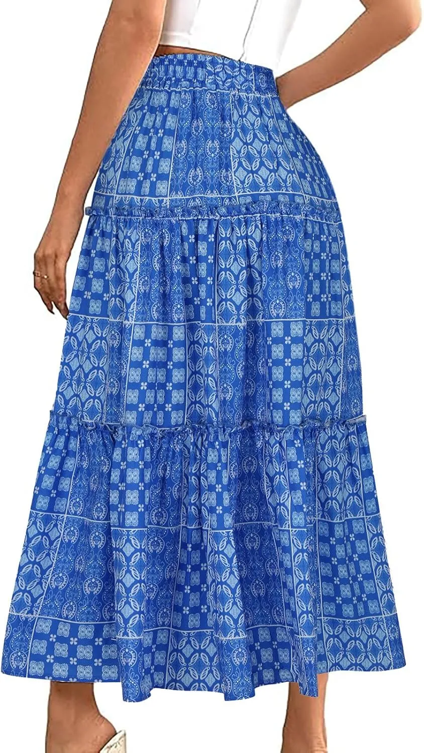 Women Retro Boho Print Swing Skirt, Tiered Ruffle Smocked Casual Skirts Elastic High Waist Drawstring Trendy Clothes