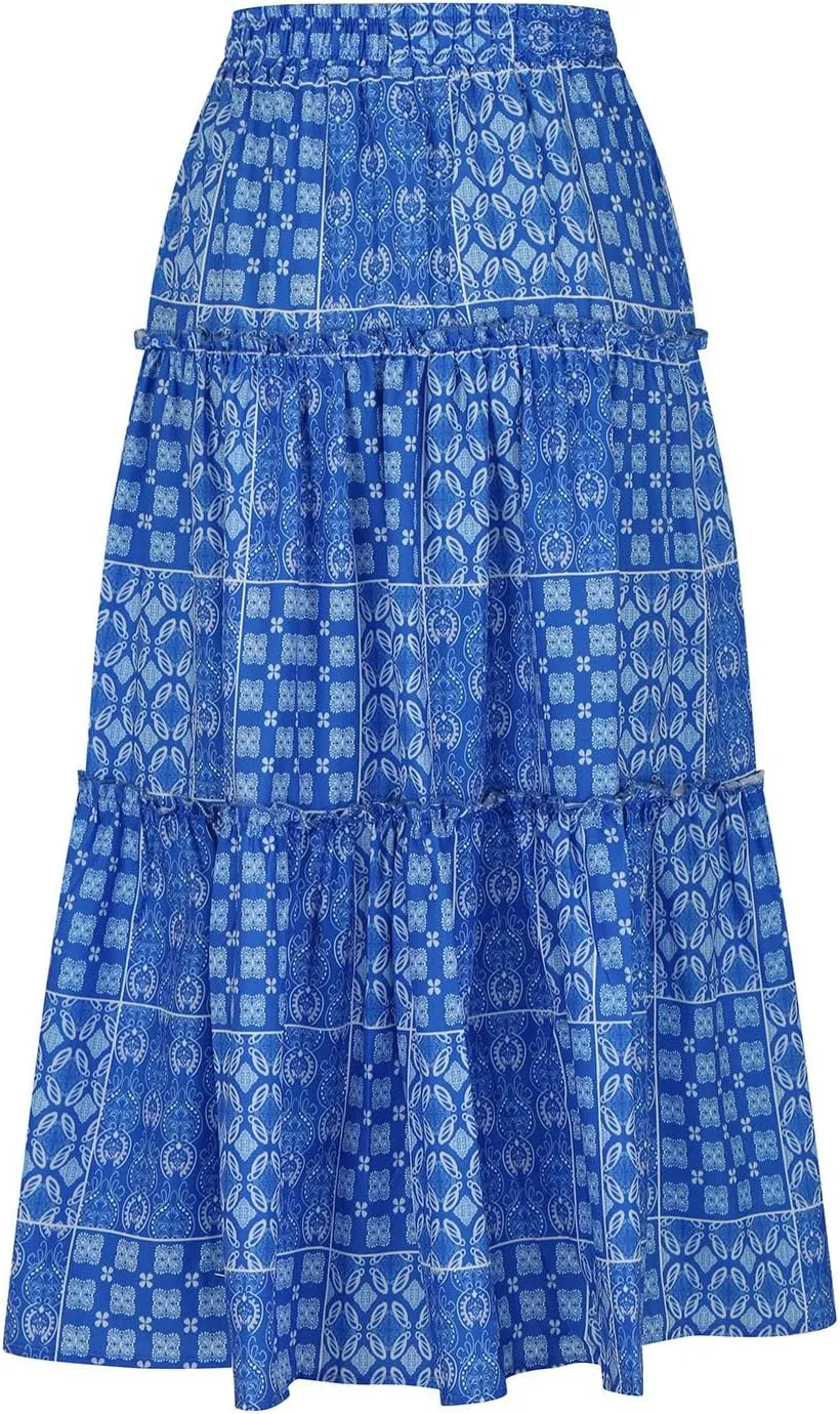 Women Retro Boho Print Swing Skirt, Tiered Ruffle Smocked Casual Skirts Elastic High Waist Drawstring Trendy Clothes