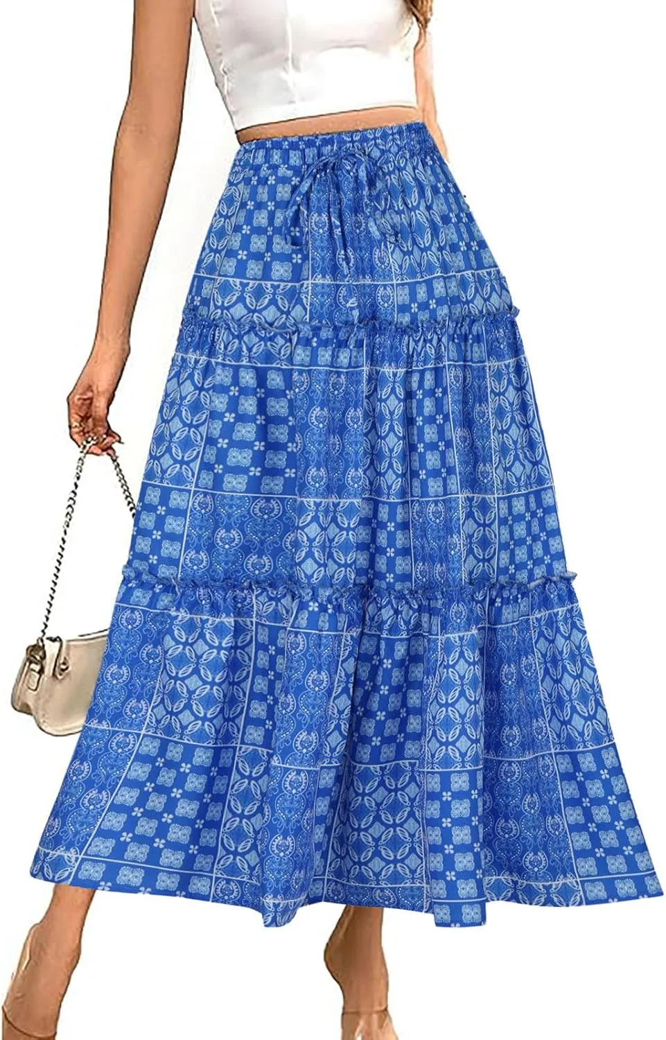 Women Retro Boho Print Swing Skirt, Tiered Ruffle Smocked Casual Skirts Elastic High Waist Drawstring Trendy Clothes