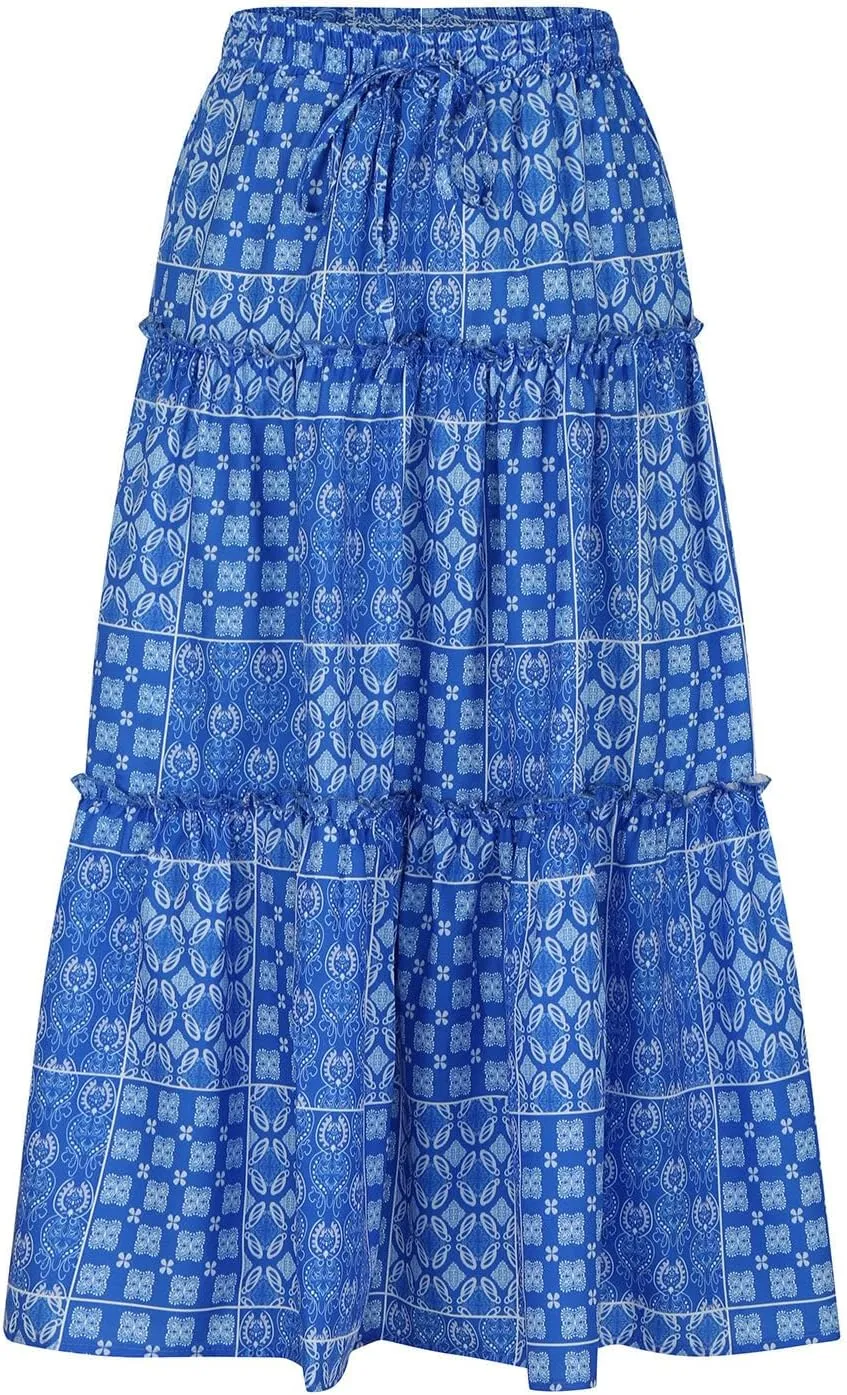 Women Retro Boho Print Swing Skirt, Tiered Ruffle Smocked Casual Skirts Elastic High Waist Drawstring Trendy Clothes