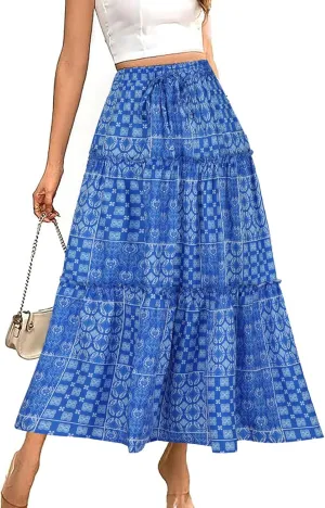 Women Retro Boho Print Swing Skirt, Tiered Ruffle Smocked Casual Skirts Elastic High Waist Drawstring Trendy Clothes