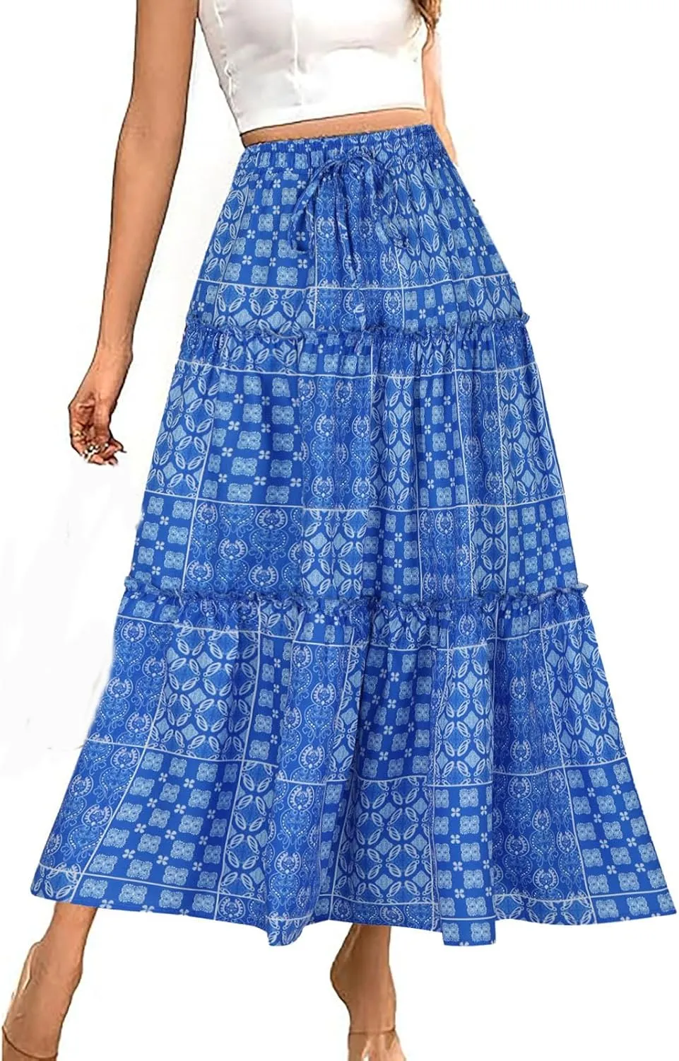 Women Retro Boho Print Swing Skirt, Tiered Ruffle Smocked Casual Skirts Elastic High Waist Drawstring Trendy Clothes