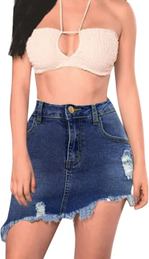 Women Ripped Jean Skirt Slit High Waisted Button Up Summer Trendy Casual Stretch Frayed Denim Midi Skirt with Pockets