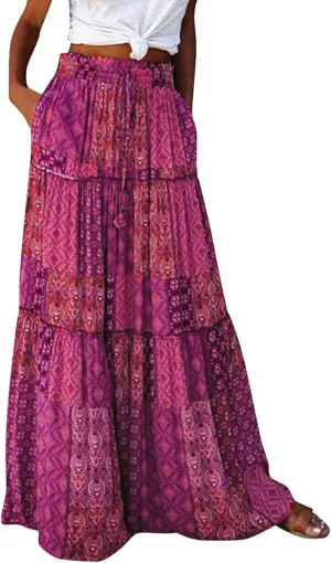 Women Skirt Casual Smocked Flowy Tube Dress 2025 Summer Floral Print Skirts A-Line Bohemian High WAIS Maxi Skirt