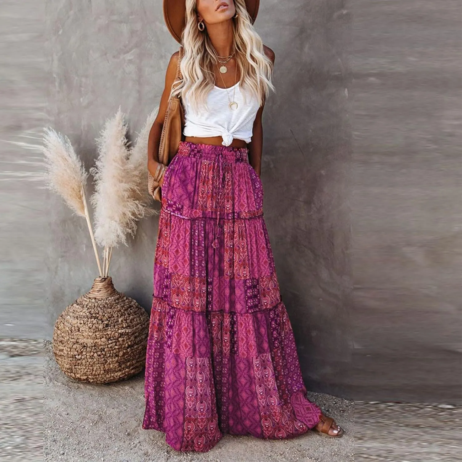 Women Skirt Casual Smocked Flowy Tube Dress 2025 Summer Floral Print Skirts A-Line Bohemian High WAIS Maxi Skirt