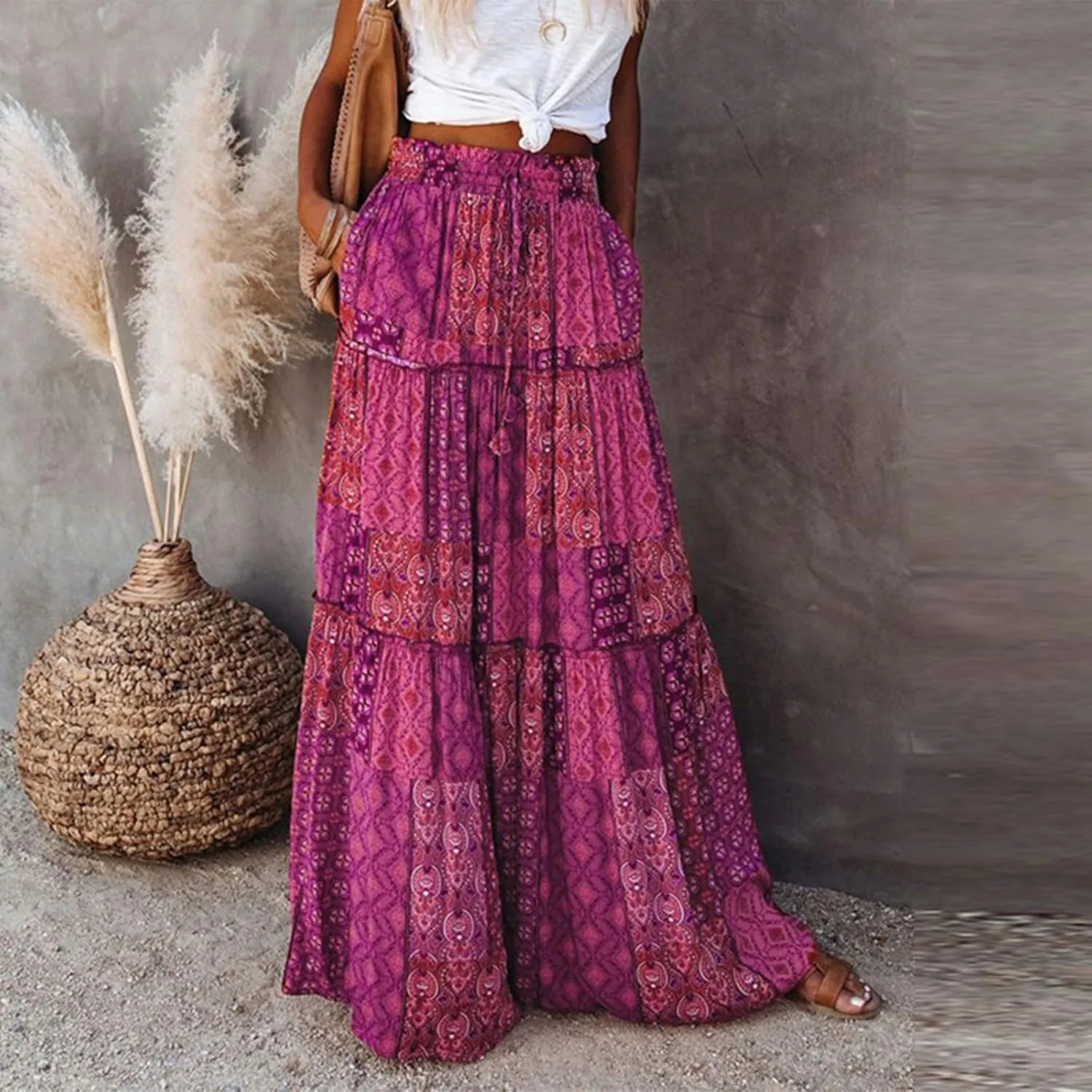 Women Skirt Casual Smocked Flowy Tube Dress 2025 Summer Floral Print Skirts A-Line Bohemian High WAIS Maxi Skirt