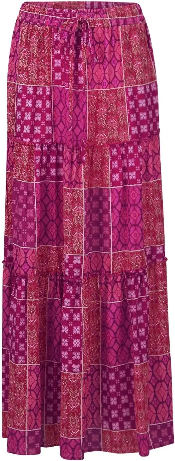 Women Skirt Casual Smocked Flowy Tube Dress 2025 Summer Floral Print Skirts A-Line Bohemian High WAIS Maxi Skirt