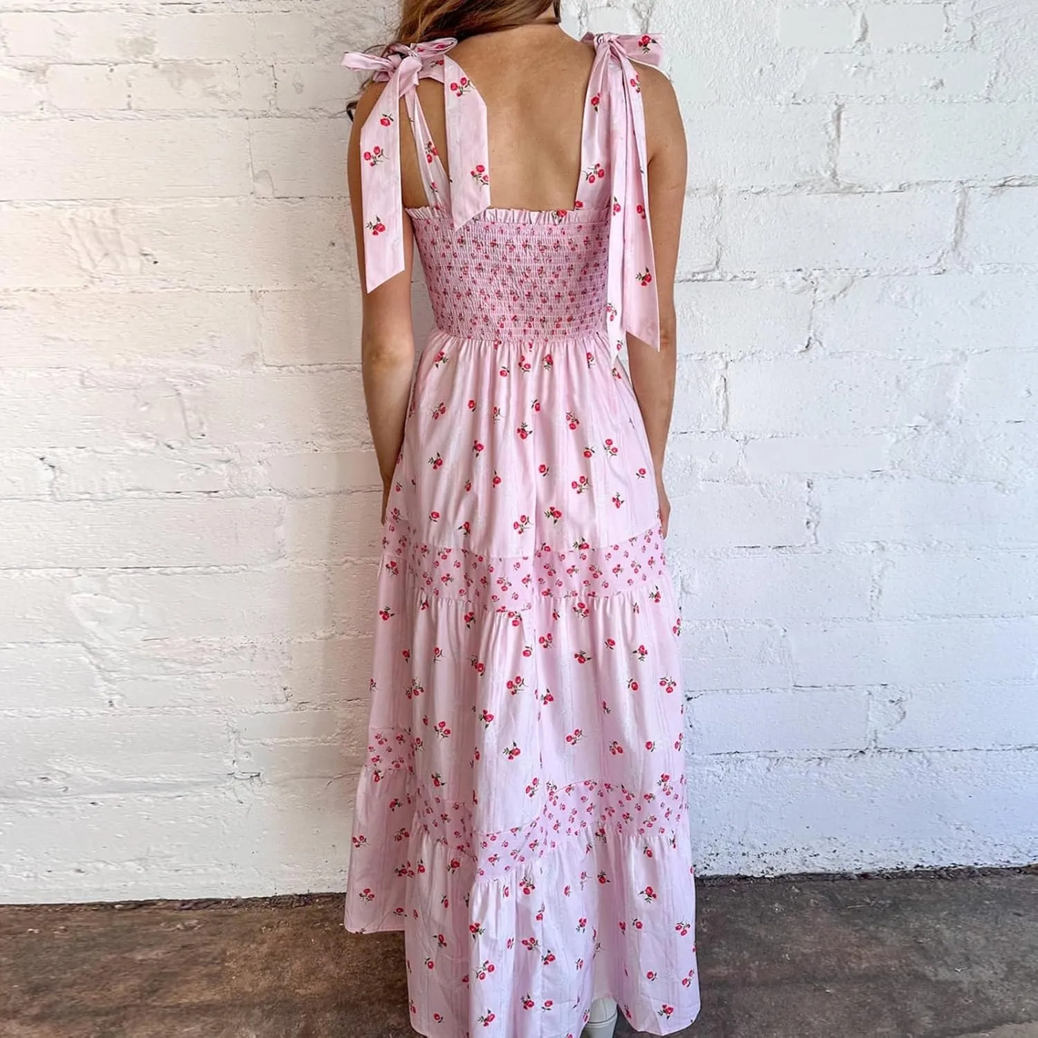 Women Summer Boho Dress Y2k Tiered Midi Dress Smocked Floral Ruffle Flowy Long Dresses Beach Maxi Sundress