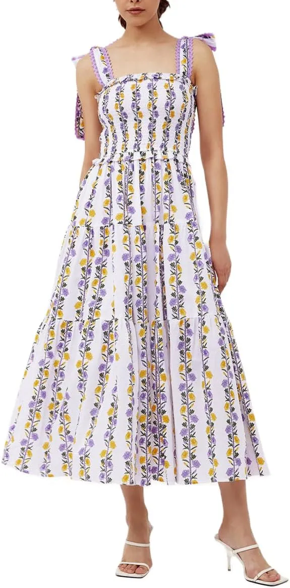 Women Summer Boho Dress Y2k Tiered Midi Dress Smocked Floral Ruffle Flowy Long Dresses Beach Maxi Sundress