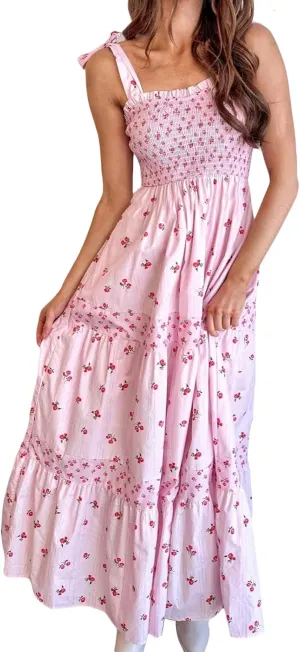 Women Summer Boho Dress Y2k Tiered Midi Dress Smocked Floral Ruffle Flowy Long Dresses Beach Maxi Sundress