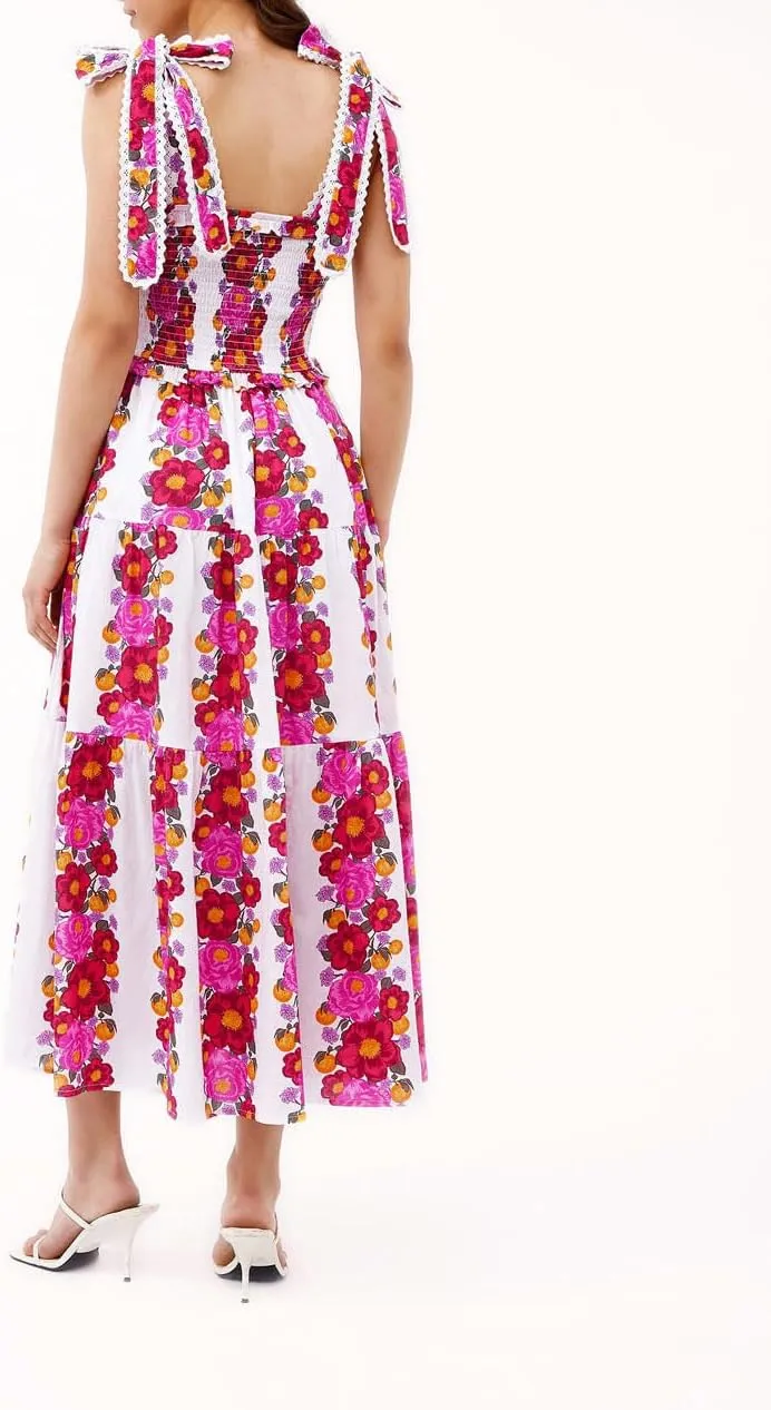 Women Summer Boho Dress Y2k Tiered Midi Dress Smocked Floral Ruffle Flowy Long Dresses Beach Maxi Sundress