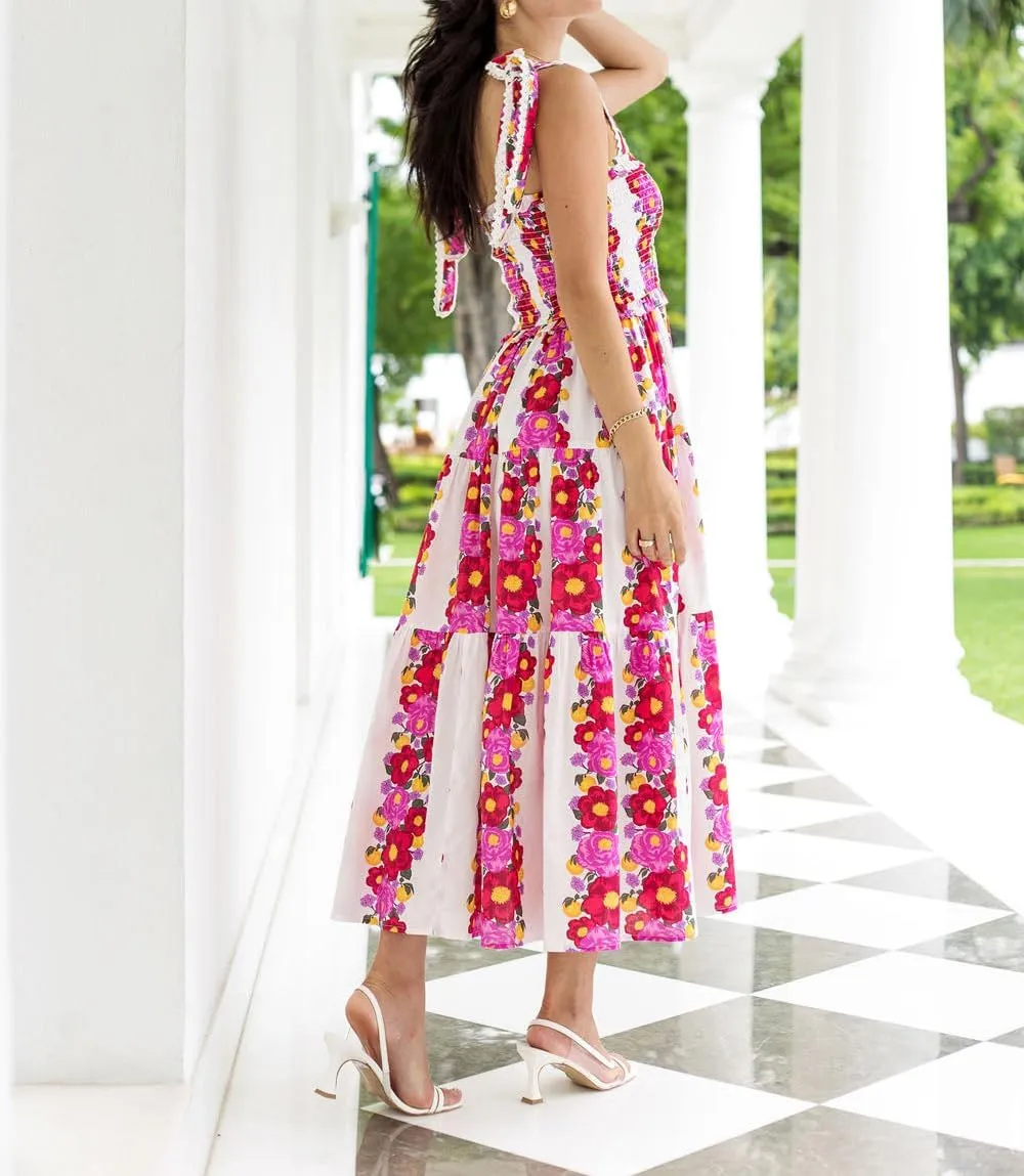 Women Summer Boho Dress Y2k Tiered Midi Dress Smocked Floral Ruffle Flowy Long Dresses Beach Maxi Sundress