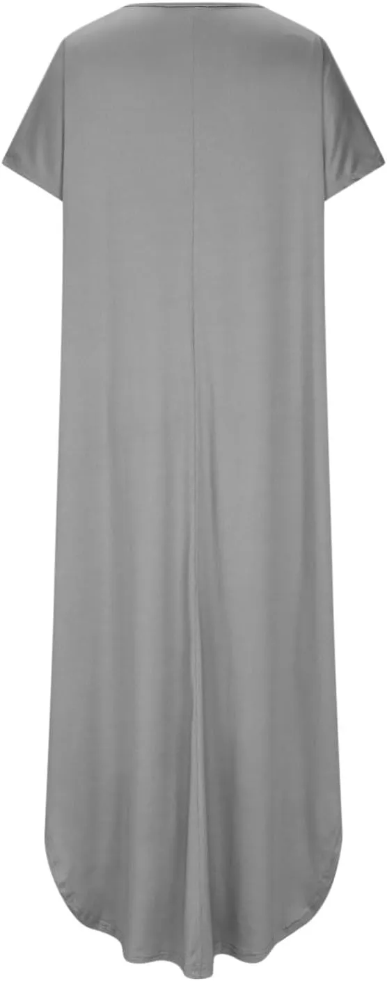 Women Summer Boho Maxi Dresses 2025 Casual Short Sleeve V Neck T Shirt Dress Split Hem A-Line Beach Dresses with Pockets