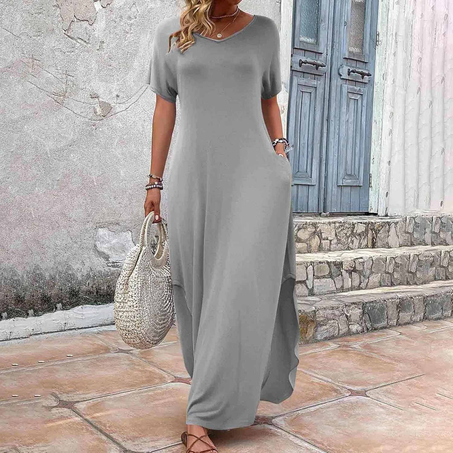Women Summer Boho Maxi Dresses 2025 Casual Short Sleeve V Neck T Shirt Dress Split Hem A-Line Beach Dresses with Pockets