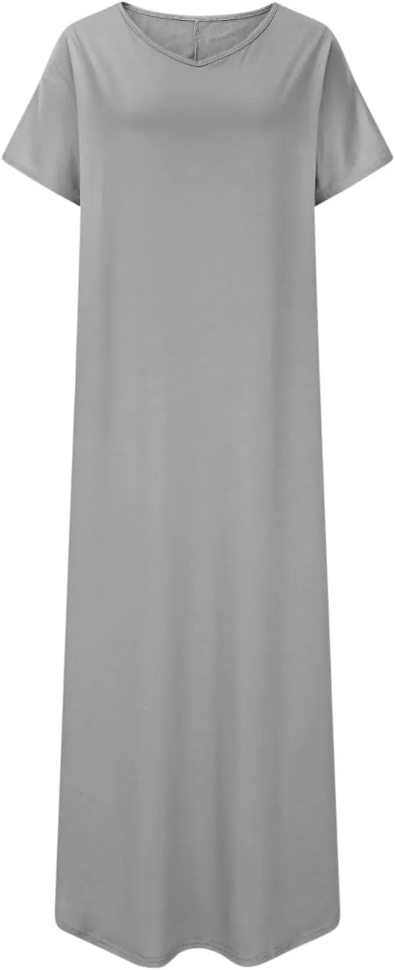Women Summer Boho Maxi Dresses 2025 Casual Short Sleeve V Neck T Shirt Dress Split Hem A-Line Beach Dresses with Pockets