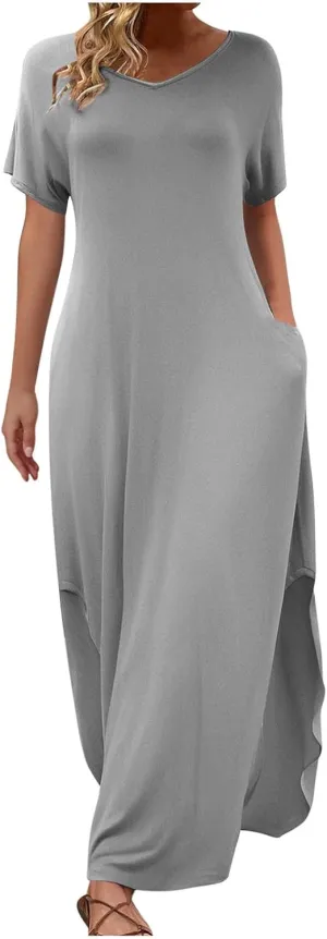 Women Summer Boho Maxi Dresses 2025 Casual Short Sleeve V Neck T Shirt Dress Split Hem A-Line Beach Dresses with Pockets