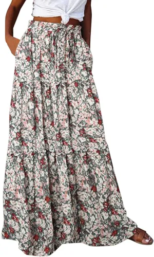 Women Summer Casual Flowy Long Skirts Boho Floral Elastic High Waist Tiered Pleated Beach Maxi Skirt