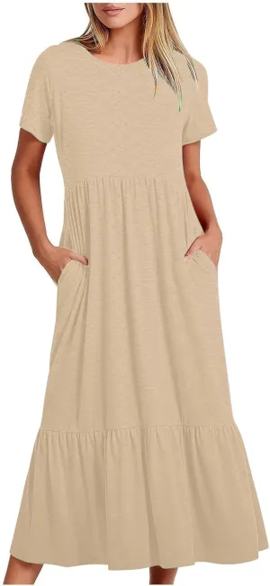 Women Summer Casual Short Sleeve Crewneck Aline Swing Flowy Tiered Shirt Maxi Beach Long Dress 2025 Trendy Outfits