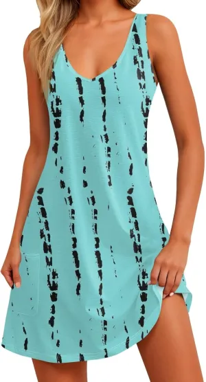 Women Summer Dresses 2025 Vacation Swimsuit Coverup Casual Sleeveless Sundress V Neck Beach Dress with Pocket