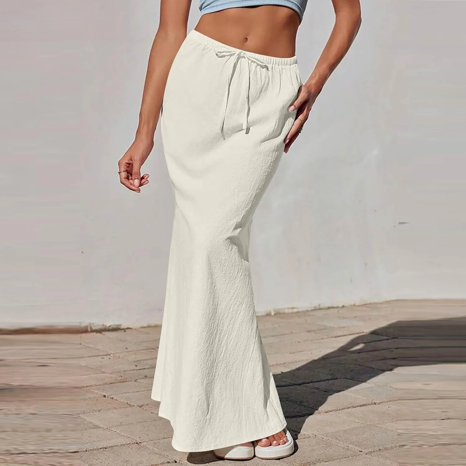 Women Summer Skirts Linen Maxi Skirt with Slit High Waisted A Line Skirt Loose Drawstring Long Boho Skirts (S-2Xl)