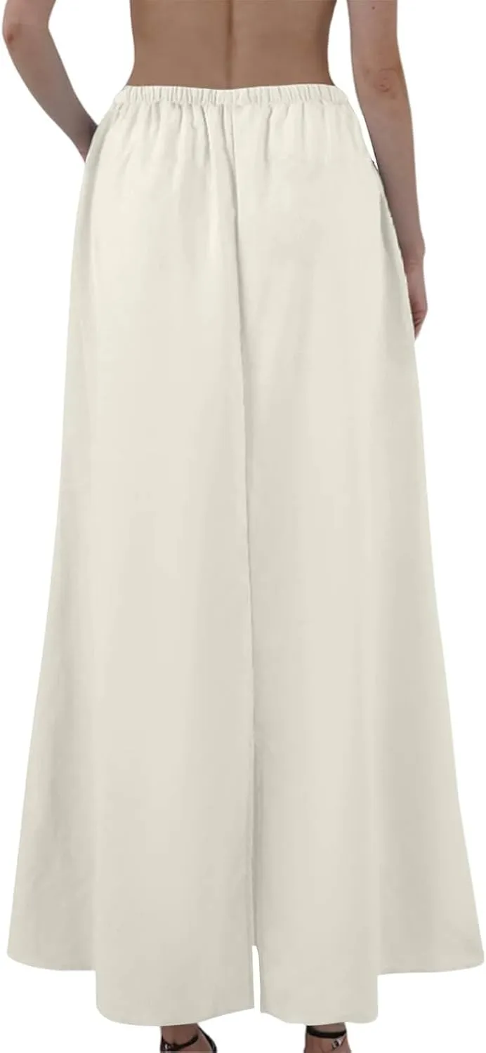Women Summer Skirts Linen Maxi Skirt with Slit High Waisted A Line Skirt Loose Drawstring Long Boho Skirts (S-2Xl)