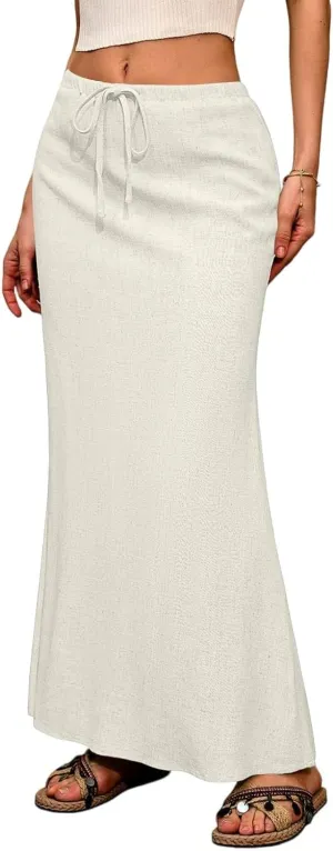 Women Summer Skirts Linen Maxi Skirt with Slit High Waisted A Line Skirt Loose Drawstring Long Boho Skirts (S-2Xl)