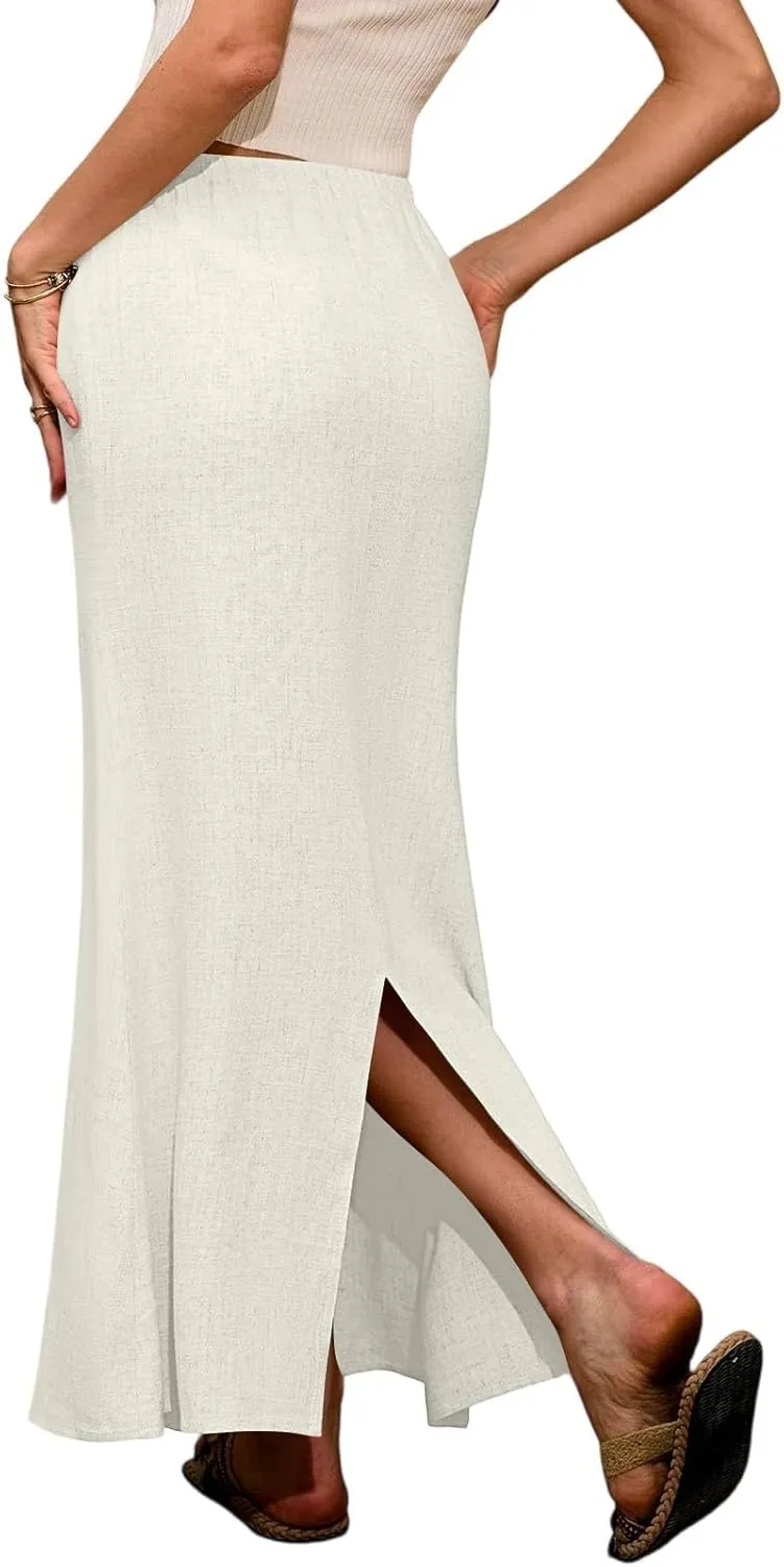 Women Summer Skirts Linen Maxi Skirt with Slit High Waisted A Line Skirt Loose Drawstring Long Boho Skirts (S-2Xl)