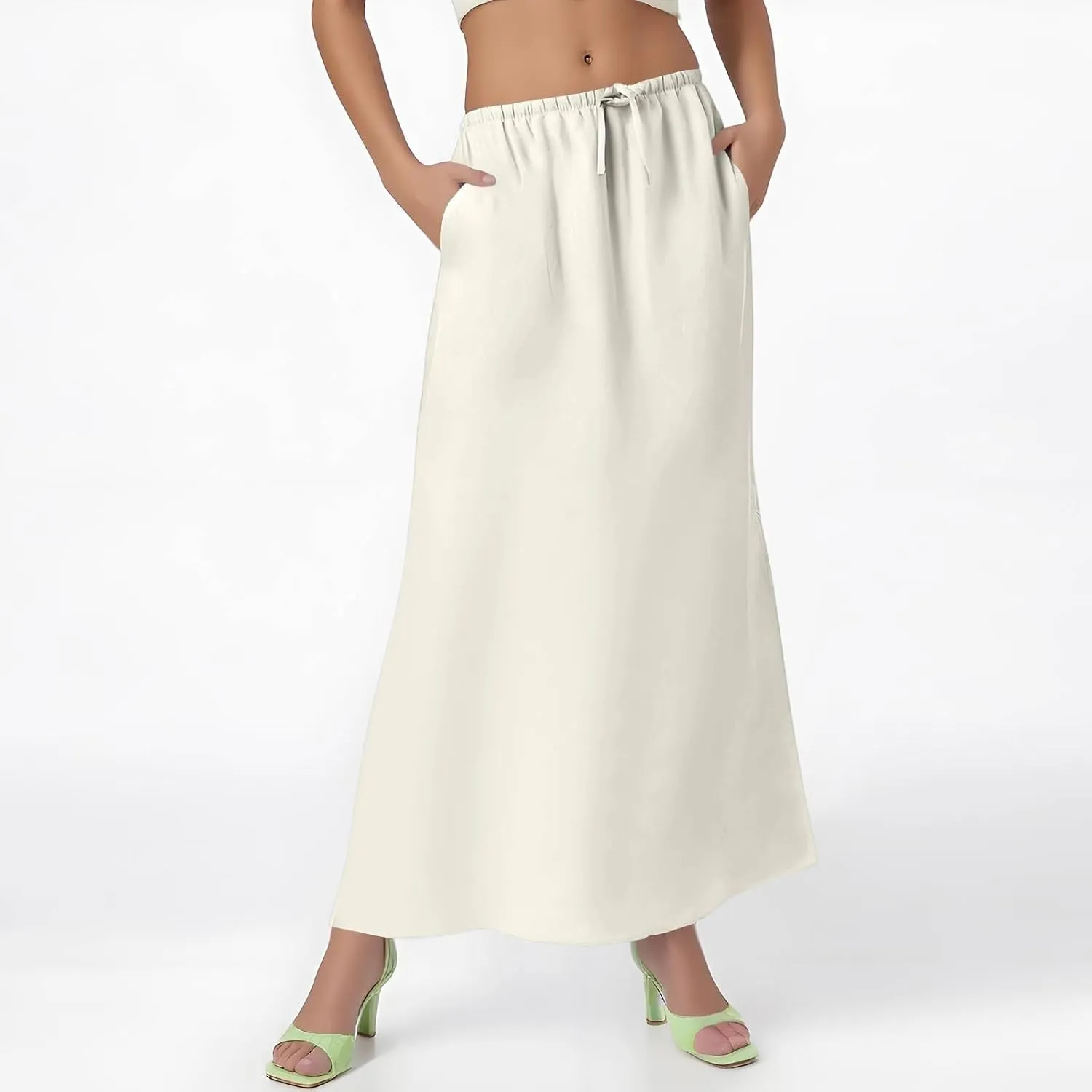 Women Summer Skirts Linen Maxi Skirt with Slit High Waisted A Line Skirt Loose Drawstring Long Boho Skirts (S-2Xl)