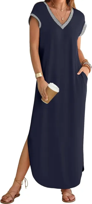 Women Summer T Shirt Dress Casual Short Sleeve V Neck Split Maxi Dresses Long T-Shirt Dresses Beach Dress with Pocket