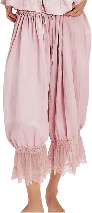 Women Y2k Lace Trim Cropped Pants Smocked Elastic Waist Long Bloomers Pant Ruffle Lounge Pajama Short Pants Bottoms