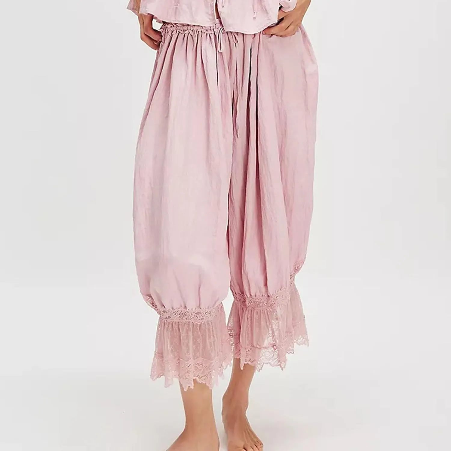 Women Y2k Lace Trim Cropped Pants Smocked Elastic Waist Long Bloomers Pant Ruffle Lounge Pajama Short Pants Bottoms