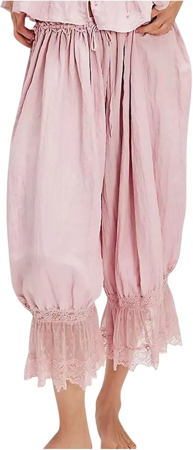 Women Y2k Lace Trim Cropped Pants Smocked Elastic Waist Long Bloomers Pant Ruffle Lounge Pajama Short Pants Bottoms