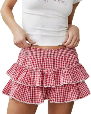 Women Y2k Plaid Mini Skirt Ruffle Gingham A Line Layered Pleated Short Skirts Checkered Low Rise Lace Trim Slip Skirt