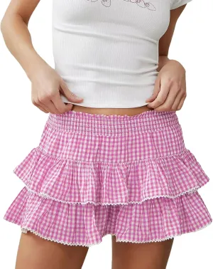 Women Y2k Plaid Mini Skirt Ruffle Gingham A Line Layered Pleated Short Skirts Checkered Low Rise Lace Trim Slip Skirt