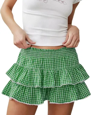 Women Y2k Plaid Mini Skirt Ruffle Gingham A Line Layered Pleated Short Skirts Checkered Low Rise Lace Trim Slip Skirt