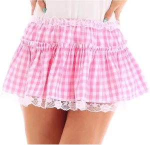Women Y2k Plaid Mini Skirt Ruffle Gingham A Line Layered Pleated Short Skirts Checkered Low Rise Lace Trim Slip Skirt