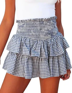 Women Y2k Plaid Ruffle Mini Skirt Smocked Waist Pleated Tiered Short Skirt Aline Gingham Skirt Streetwear