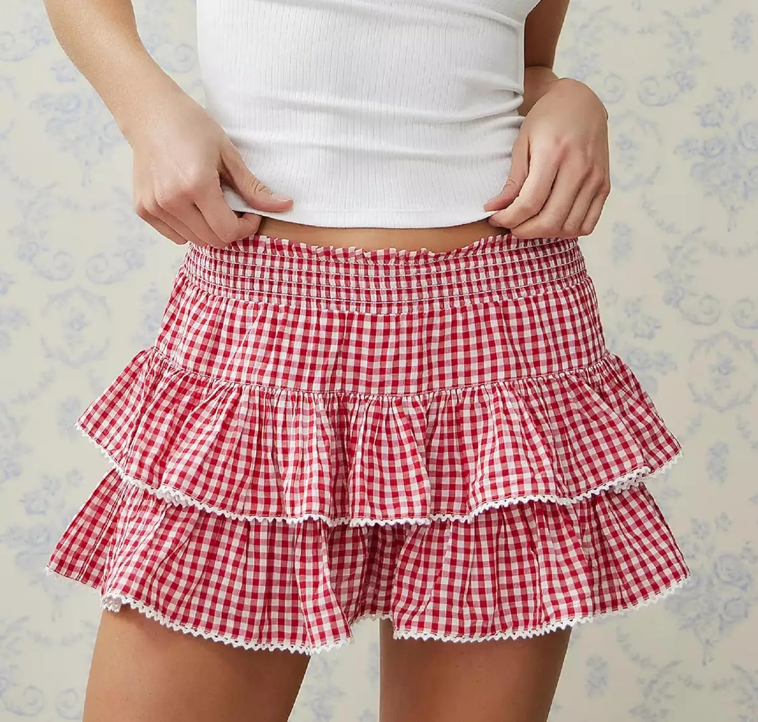 Women Y2k Plaid Ruffle Mini Skirt Smocked Waist Pleated Tiered Short Skirt Aline Gingham Skirt Streetwear