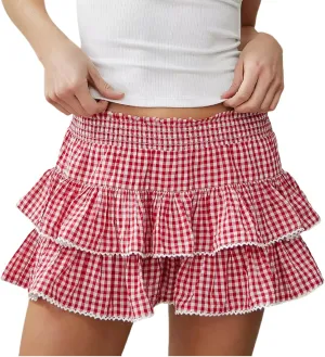 Women Y2k Plaid Ruffle Mini Skirt Smocked Waist Pleated Tiered Short Skirt Aline Gingham Skirt Streetwear