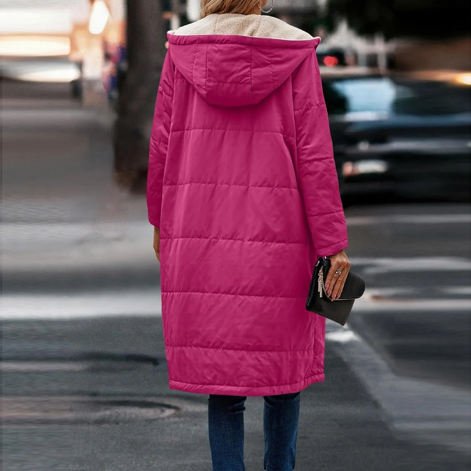 Women's 2024 Winter Fashion Clothes Oversized Fleece Long Coats Jackets Zip Up Warm Coats Long Hooded Puffer Jackets