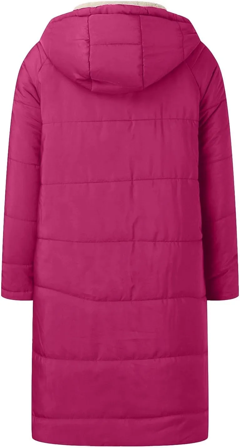 Women's 2024 Winter Fashion Clothes Oversized Fleece Long Coats Jackets Zip Up Warm Coats Long Hooded Puffer Jackets