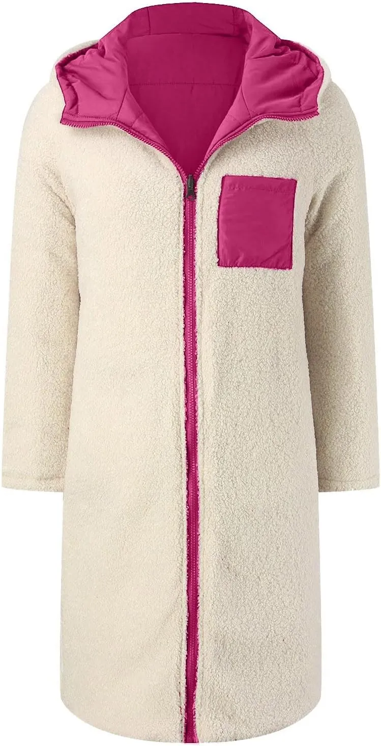 Women's 2024 Winter Fashion Clothes Oversized Fleece Long Coats Jackets Zip Up Warm Coats Long Hooded Puffer Jackets