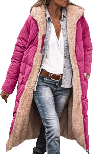 Women's 2024 Winter Fashion Clothes Oversized Fleece Long Coats Jackets Zip Up Warm Coats Long Hooded Puffer Jackets