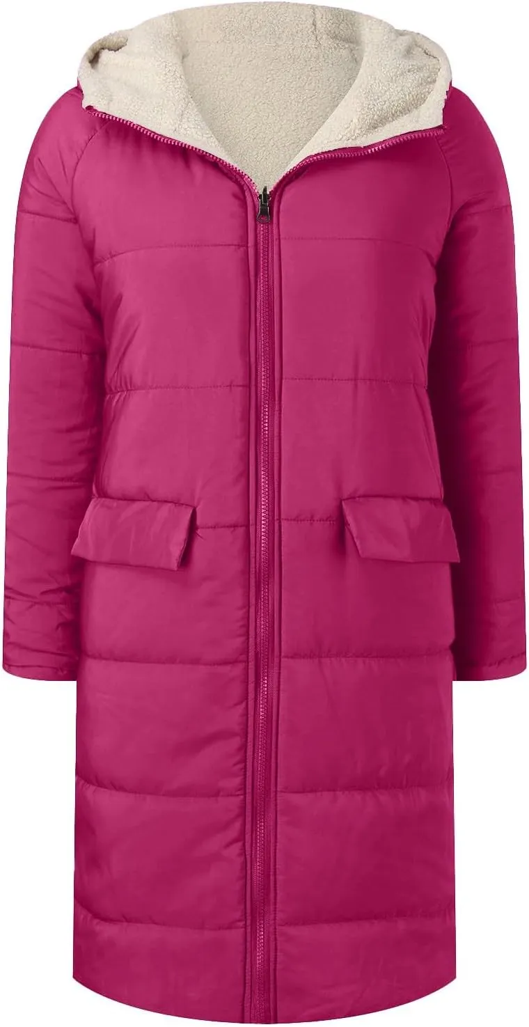 Women's 2024 Winter Fashion Clothes Oversized Fleece Long Coats Jackets Zip Up Warm Coats Long Hooded Puffer Jackets